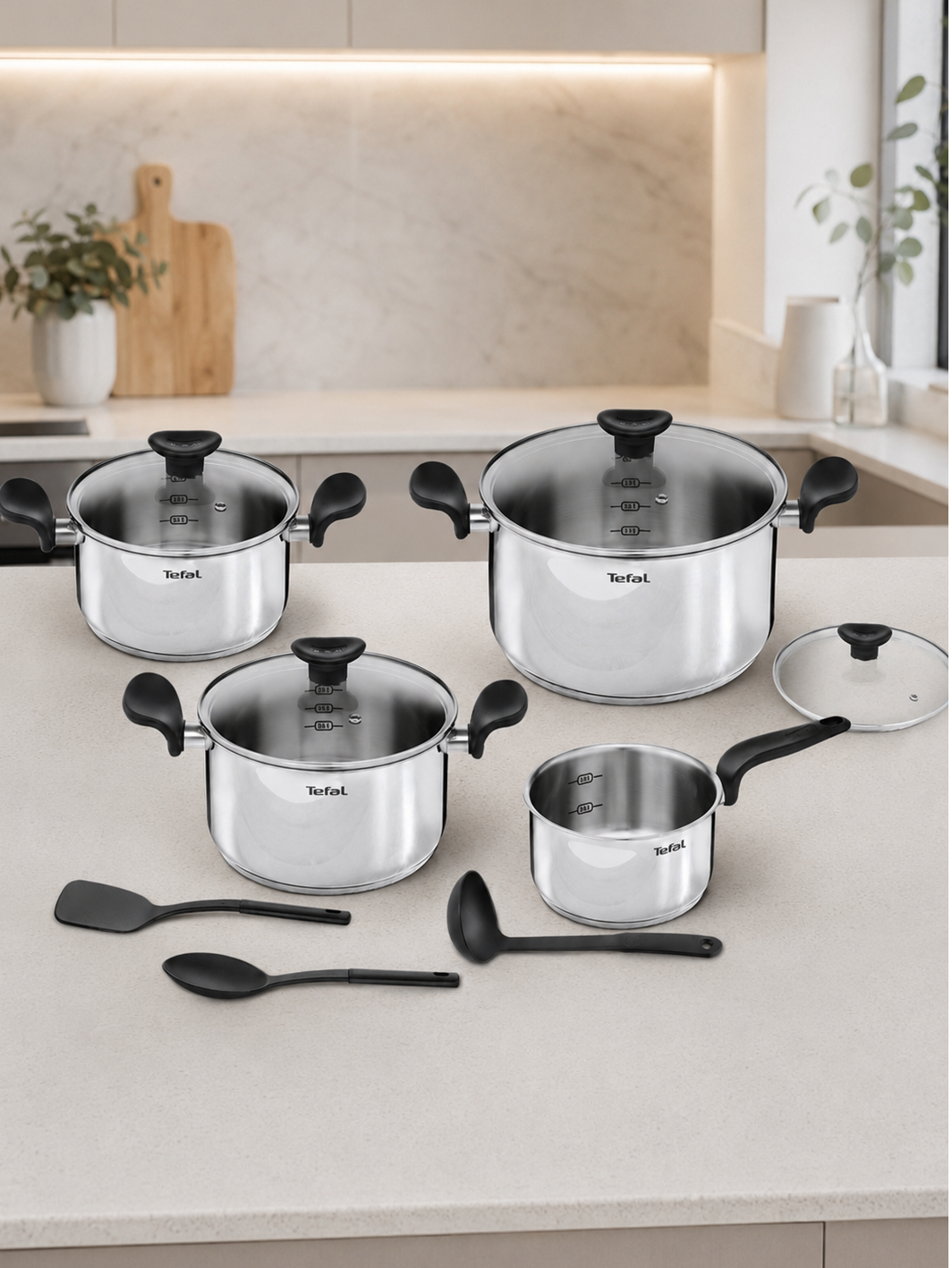 Набор посуды для приготовления 11 предметов Tefal Primary Кастрюли 18 20 24, ковш 16, крышки 4 шт, аксессуары