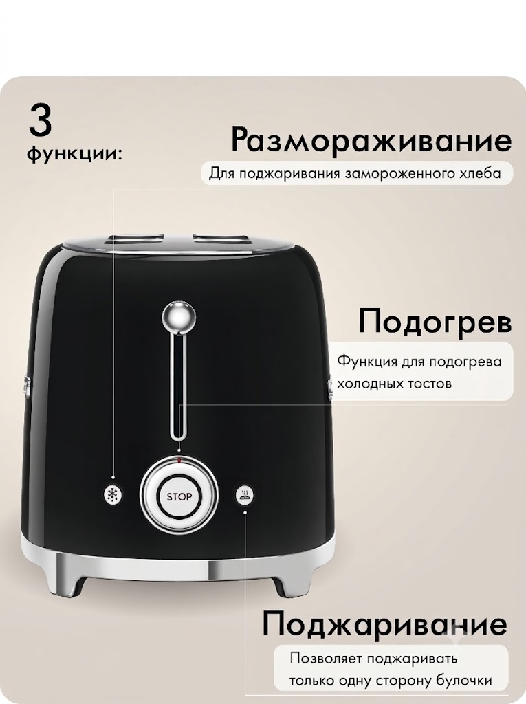 Тостер SMEG TSF01BLEU на 2 ломтика Цвет черный глянцевый